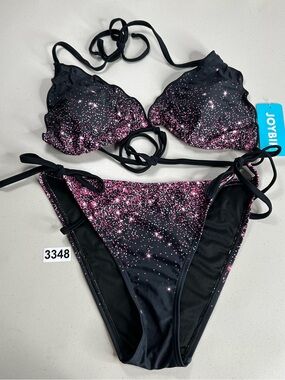 Joybik Bikini Set XL Black Purple Sparkle Triangle Top Tie Side Bottom New